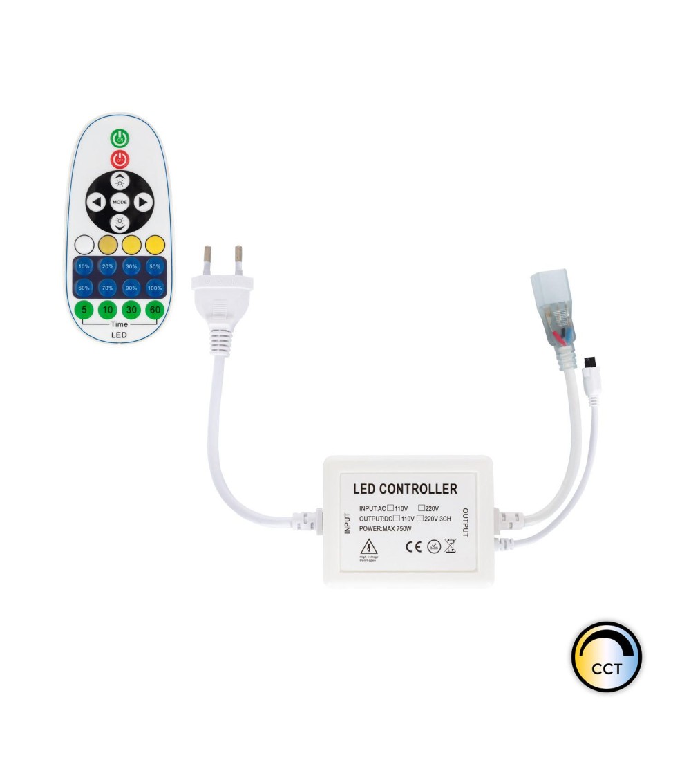 Contrôleur pour Ruban LED 220V AC 220LED/m CCT IP67 Largeur 15mm Coupe tous les 100cm avec télécommande IR 23 Touches…