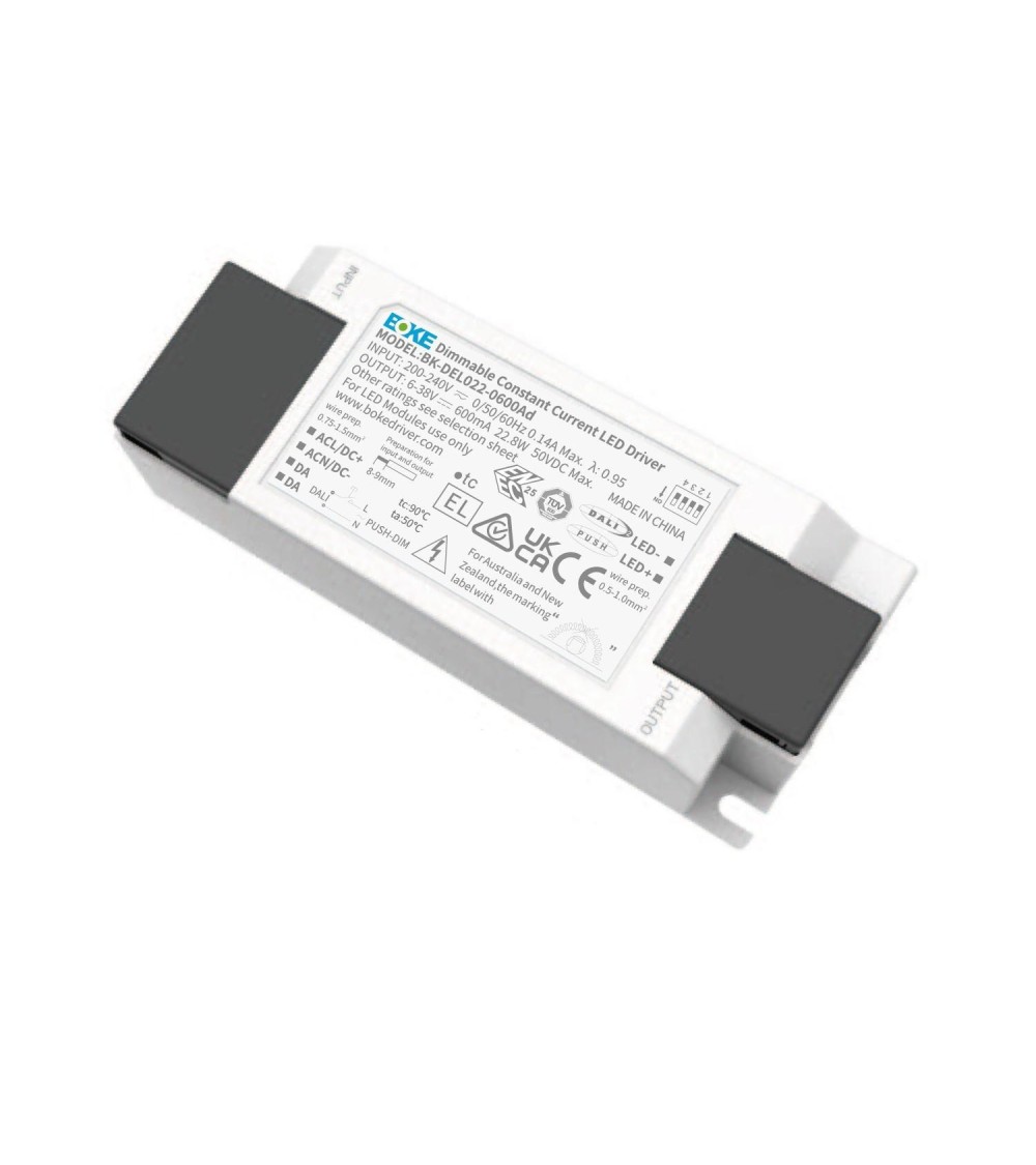 Driver BOKE Dimmable DALI/PUSH 200-240V No Flicker Sortie 6-38V 225-600mA 22.8W BK-DEL022 - 103569 - vue 1