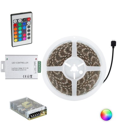 Kit Ruban LED 24V DC 60LED/m RGB 5m IP65 Largeur 10mm Coupe tous les 10cm avec Bloc d'Alimentation et Controleur - 62736…