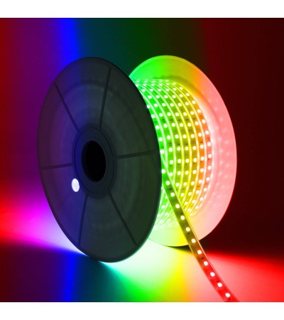 Ruban LED RGB 220V SMD 60 LED/m BOBINE 50m 9,5W/m Largeur 14,5mm Coupe 100cm IP65 avec Télécommande IR