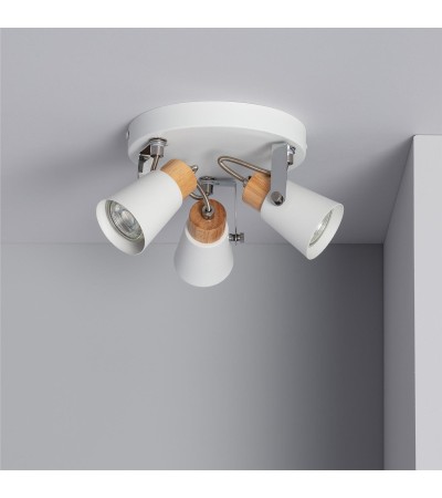 Plafonnier Rond Orientable Métal et Bois Mara 3 Spots