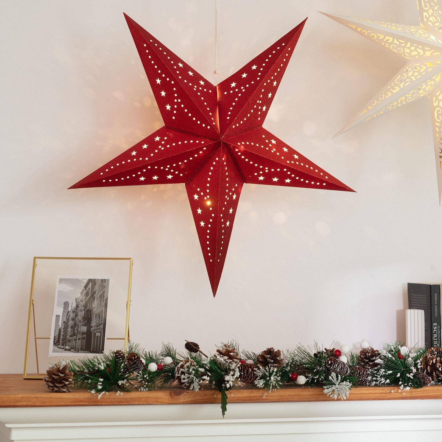 Étoile En Papier à Suspendre 75 Cm Avec Guirlande Lumineuse - Décoration Noël, Mariage, Fête - Lumière Douce Et Chaleureuse
