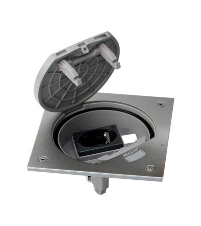 Bloc porte-mécanisme IP66 à  fermeture manuelle et socle de prise Schuko pour 1 RJ45 Keystone inox Simon K45 KSE10U/23/72